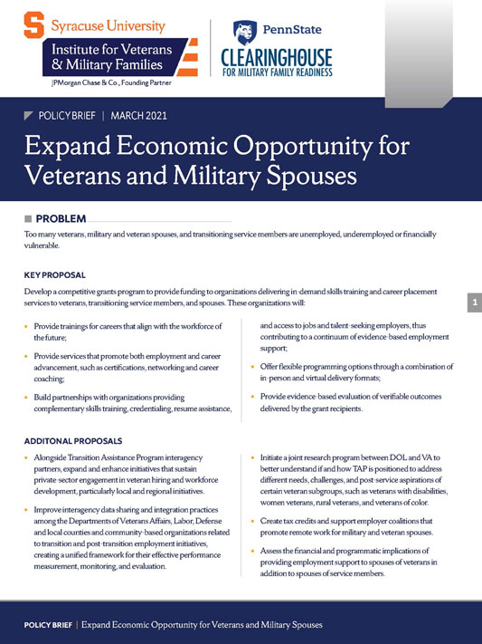 Cover of the Expand Economic Opportunity for Veterans and Military Spouses brief
